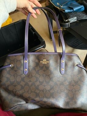 Coach Brown Monogram Tote with Purple Leather Trim